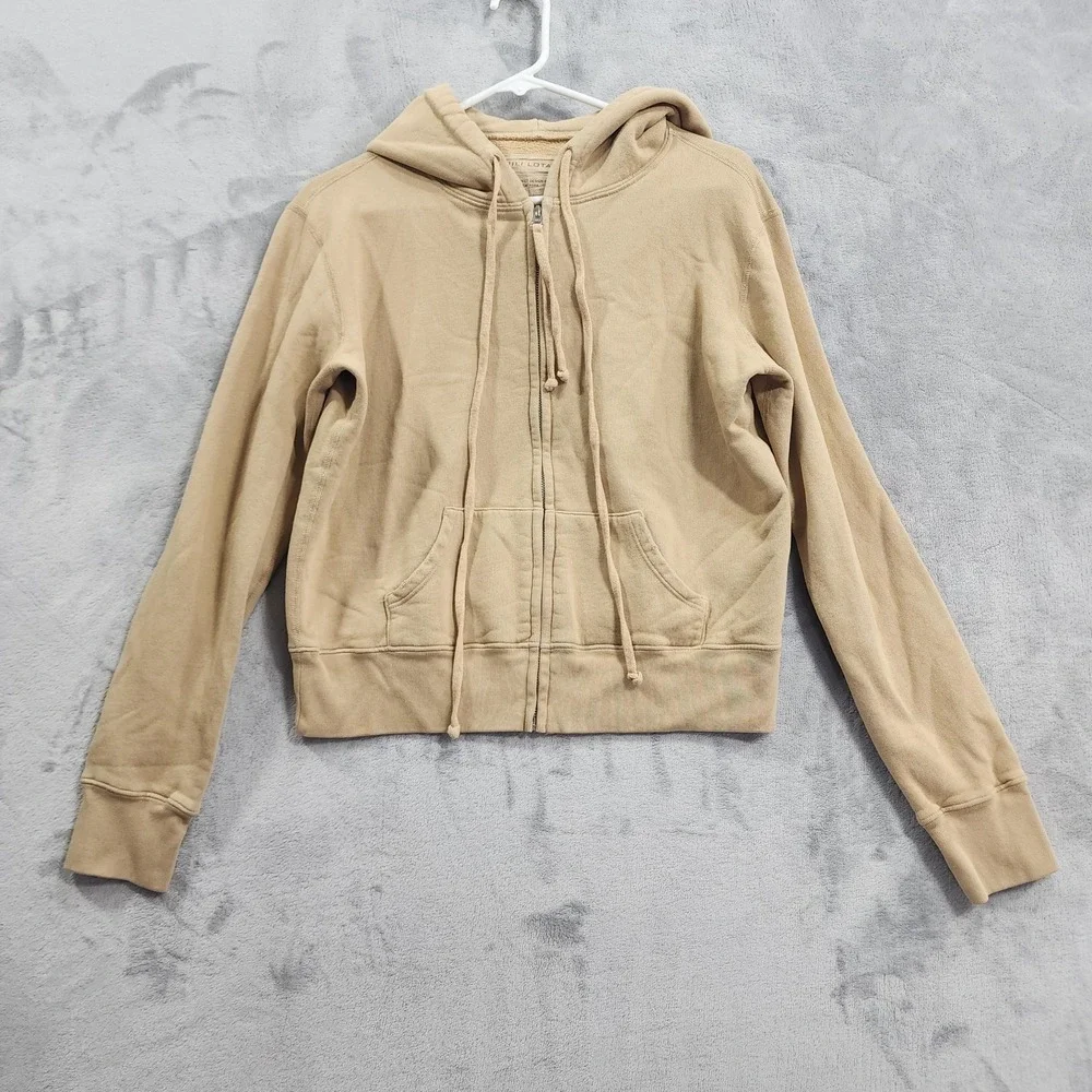 Nili Lotan Hoodie Womens S Beige Terry Full Zip Sweatshirt Distressed Cotton
